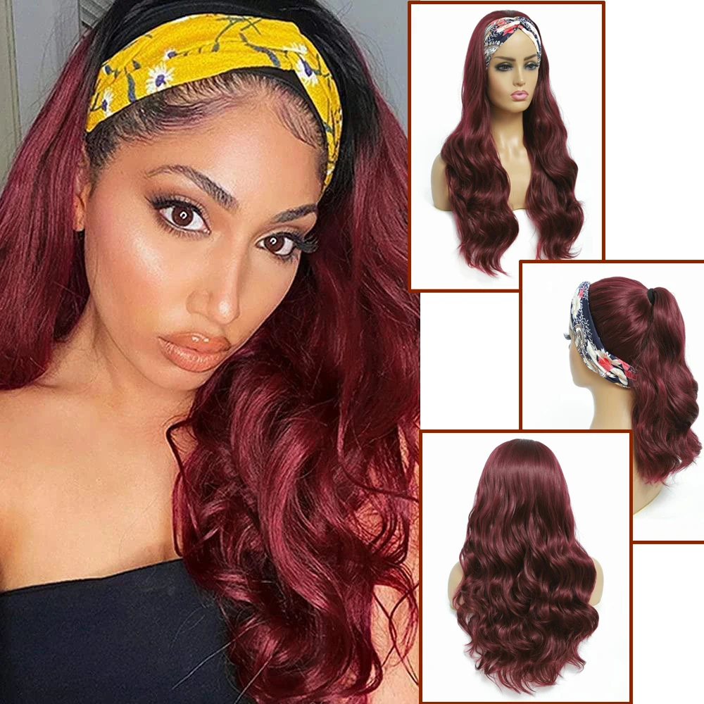 

Rosa star Headband Wig Wavy Long Synthetic Wine Red Synthetic Wig Natural Looking Glueless Headband Wigs for Black Women 26 inch