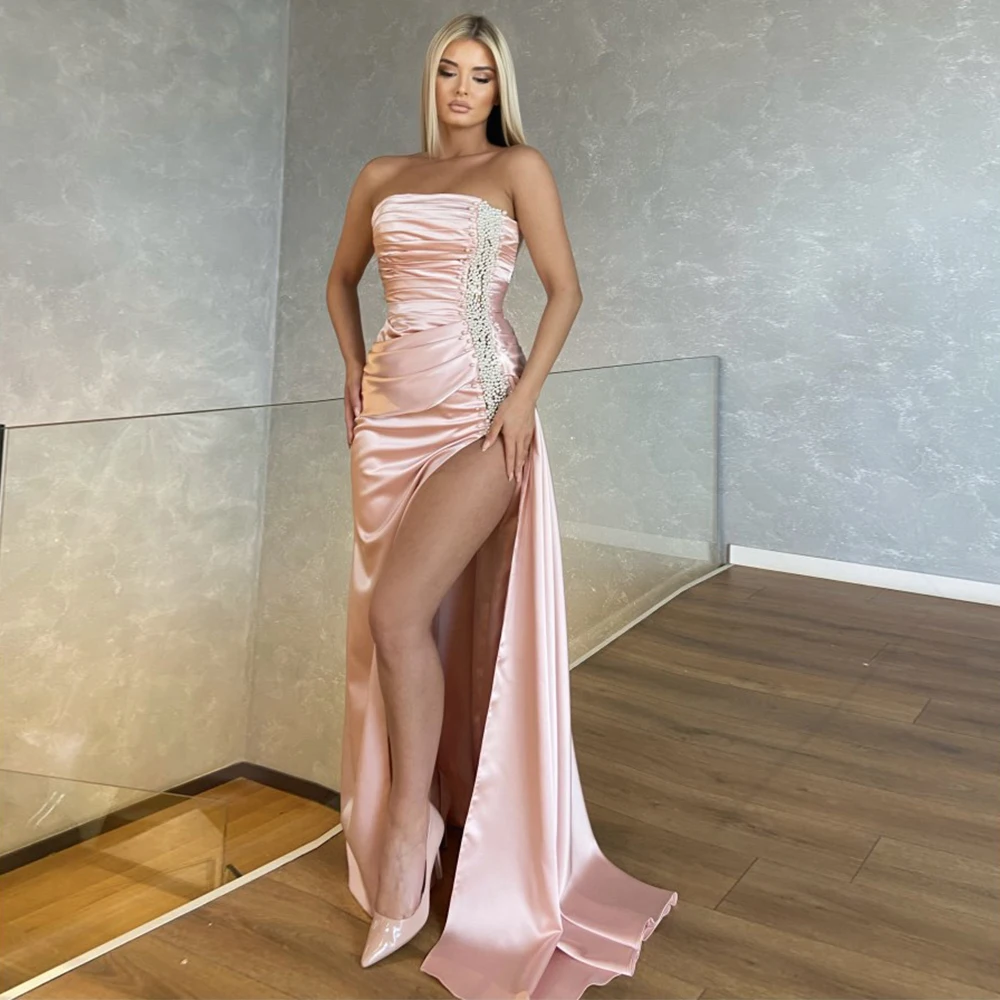

Luxury Prom Dress Pink Pearls Beading Strapless Mermaid Prom Gown for Women Side Slit Pleat Formal Wedding Party Dresses 2022