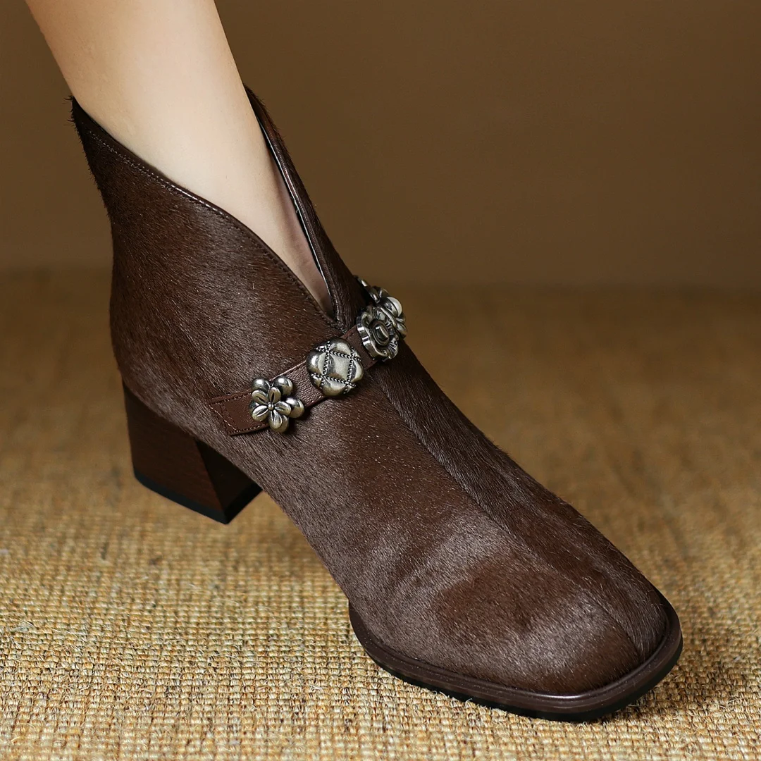 Женские осенние ботильоны из конского волоса с металлической пряжкой и молнией