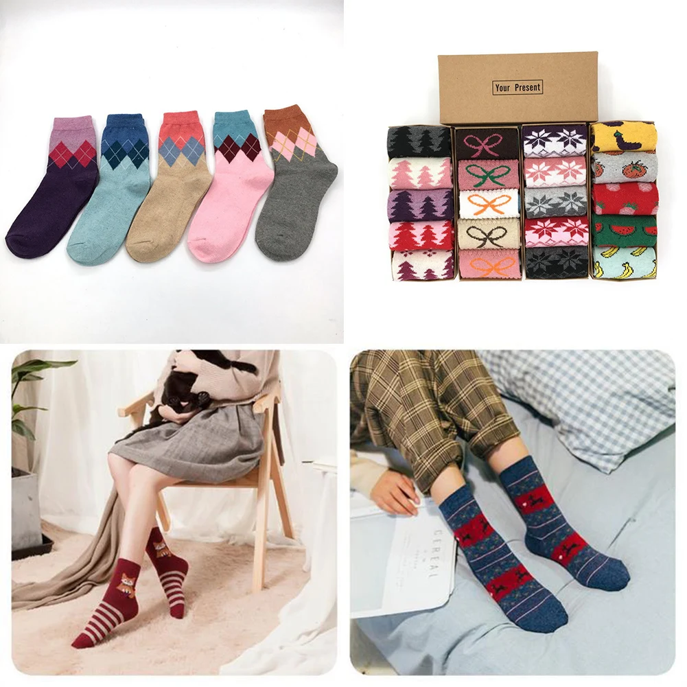 5 Pairs Cute Kawaii Christmas Santa Claus Print Stripe Socks Cartoon Elk Socks Fashion for Women Girls Colorful Soft Socks Women