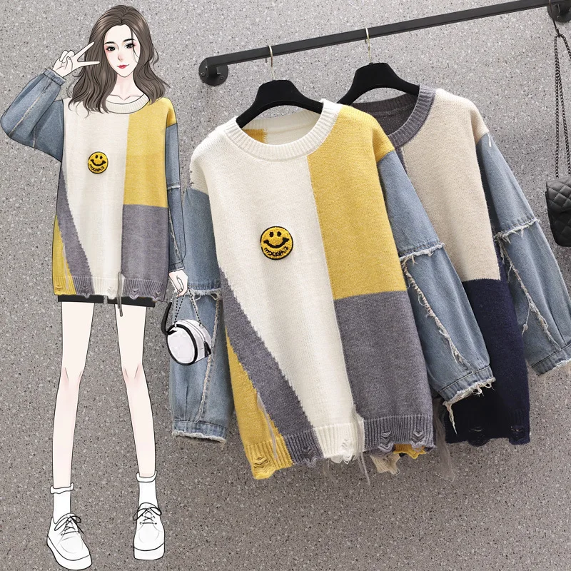 

Women 2023 Denim Patchwork Oversized Knitted Sweater Vintage Long Sleeve Female Pullovers Chic Tops