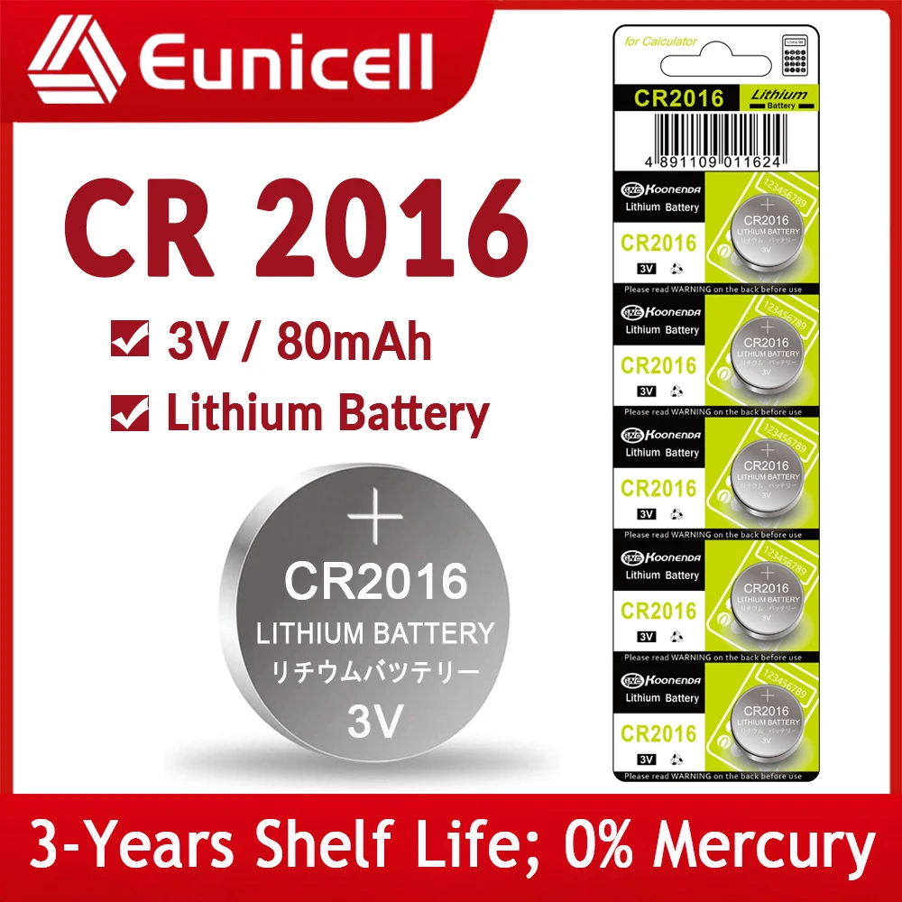 

Eunicell 70mAh CR2016 Coin Cells Batteries CR 2016 DL2016 BR2016 LM2016 ECR2016 3V Lithium Button Battery For Watch Remote Key