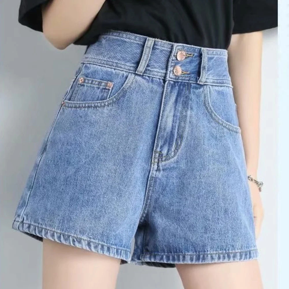

Fashion New Summer Women High Waist Button Wigh Leg Jeans Shorts Casual Female Loose Fit Blue Denim Shorts