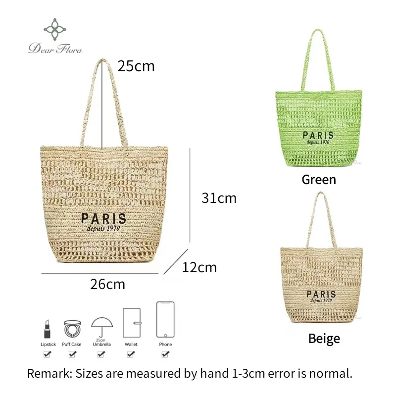 Women's New Embroidered Letter Hollow Grass Woven Handbag Large Capacity Handwoven Shoulder Bag Fashion Portable Basket Tote Bag