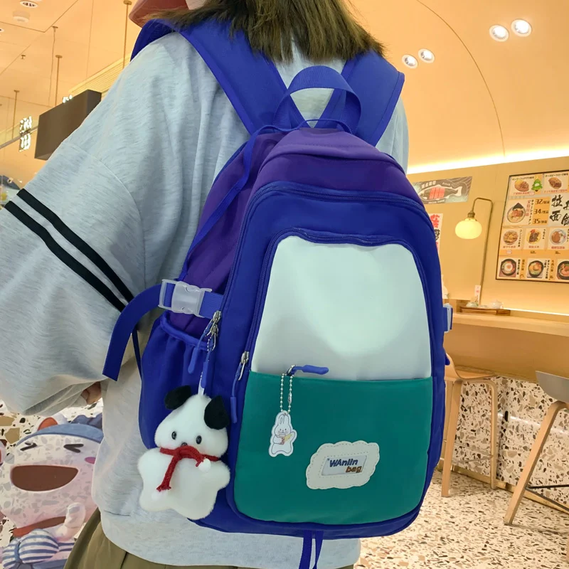 

KUZAI Multiple Pockets Waterproof Nylon Women Backpack Kawaii Contrast Color Lady Travel Book Bag Girl Student Big Schoolbag