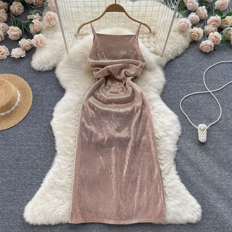 

Elegant Glitter Sequin Slip Dress Sexy Backless Vintage Dresses Vestidos Summer Women Gothic Fashion Evening Party Robe Ins