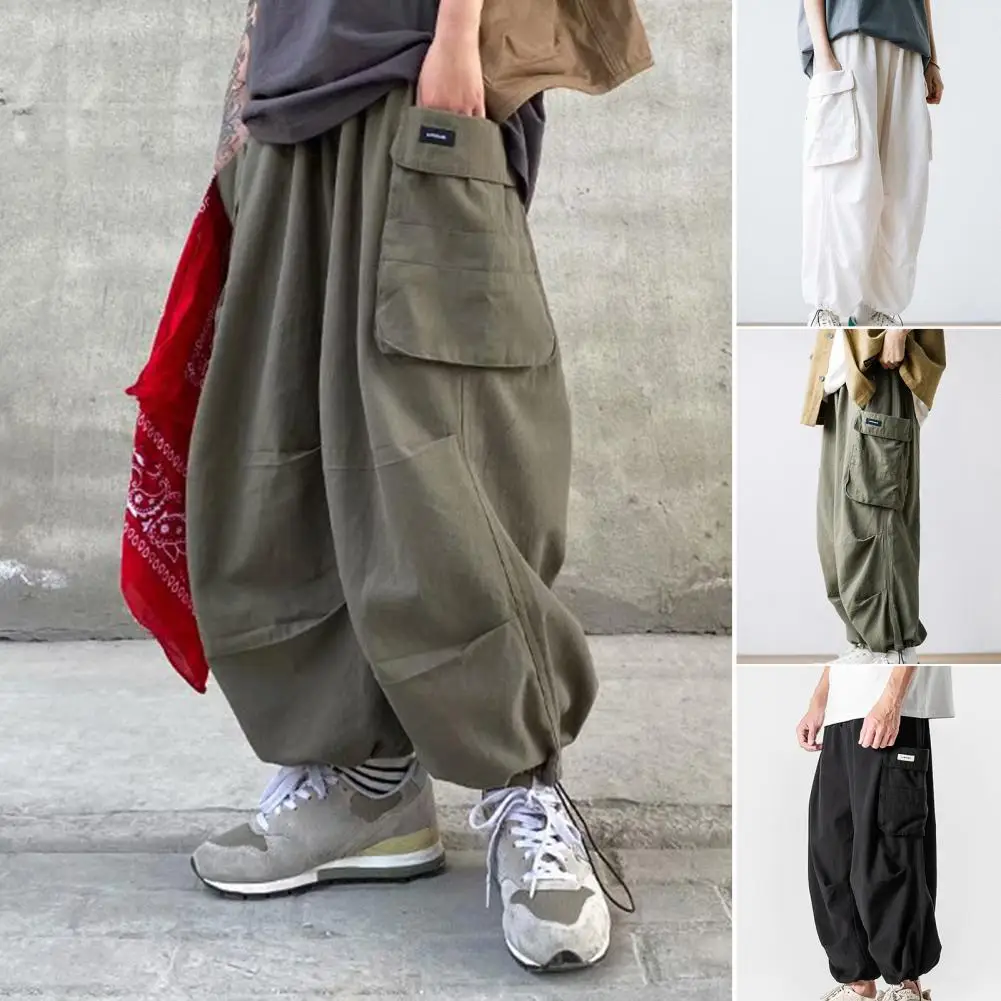 

Trendy Sports Pants Male Cropped Pants Relaxed Fit Mid Rise Lace-up Cargo Pants Pockets
