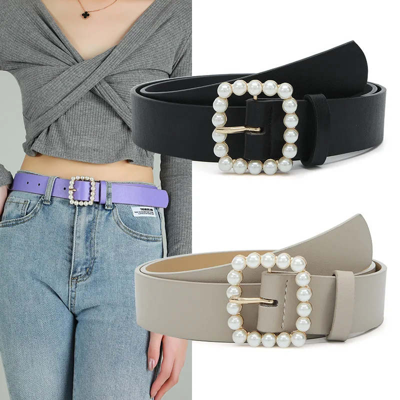 ZLY 2022 New Fashion Belt Women Men PU Leather Material Jewel Pearl Square Pin Buckle Casual Jeans Style Luxury Quality Belt