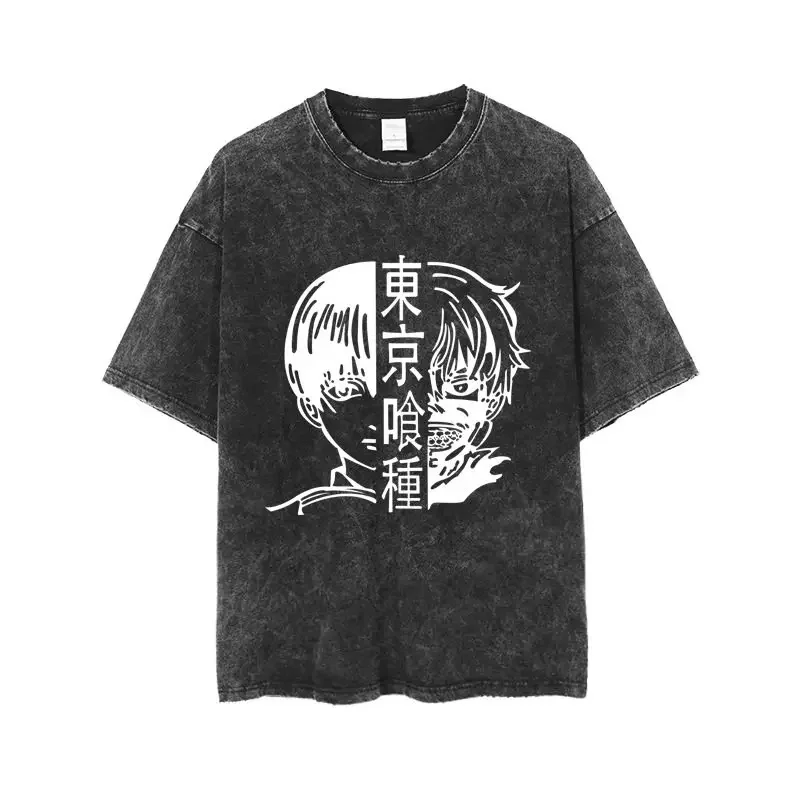 Фото Футболка оверсайз Tokyo Ghoul Ken Kaneki TG Project Monochrome Acid Wash, черная, летняя, 2026, уличная одежда, с аниме-графикой №4