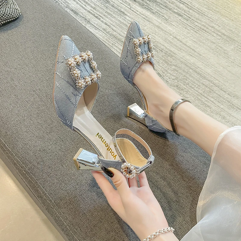 

Fashion Heels for Women 2022 Summer New Rhinestone Pointed Toe Single Shoes Fashion Thick Heels Women's Shoes Pearl Sandals Wild