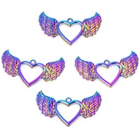 5pcslot rainbow color hollow heart wings fly feathers angel charms metal pendant for diy accessories jewelry handmade craft