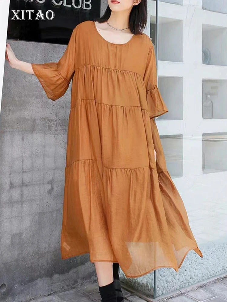 

XITAO Sheer Gauze Dress Solid Color Summer New Women Folds Splicing Dress Simplicity Loose Casual Temperament O-neck WLD16418