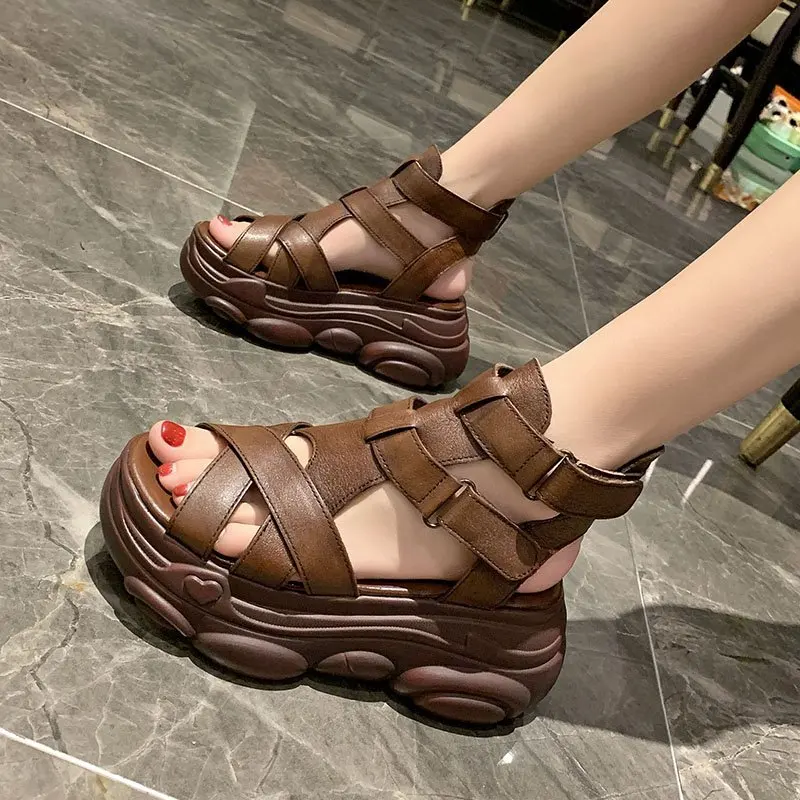 

Women Sandals Shoes PU Fish Mouth Solid Color Non Slip Flat Thicken Increase button Platform