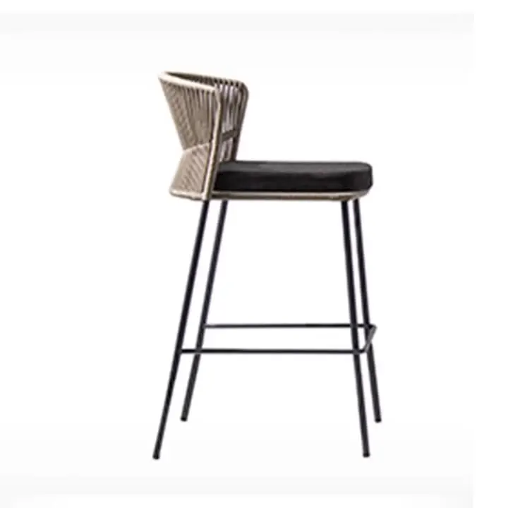 

O167Outdoor rattan woven bar chair simple high stool Outdoor villa open-air bar guest house rope woven solid wood bar stoo