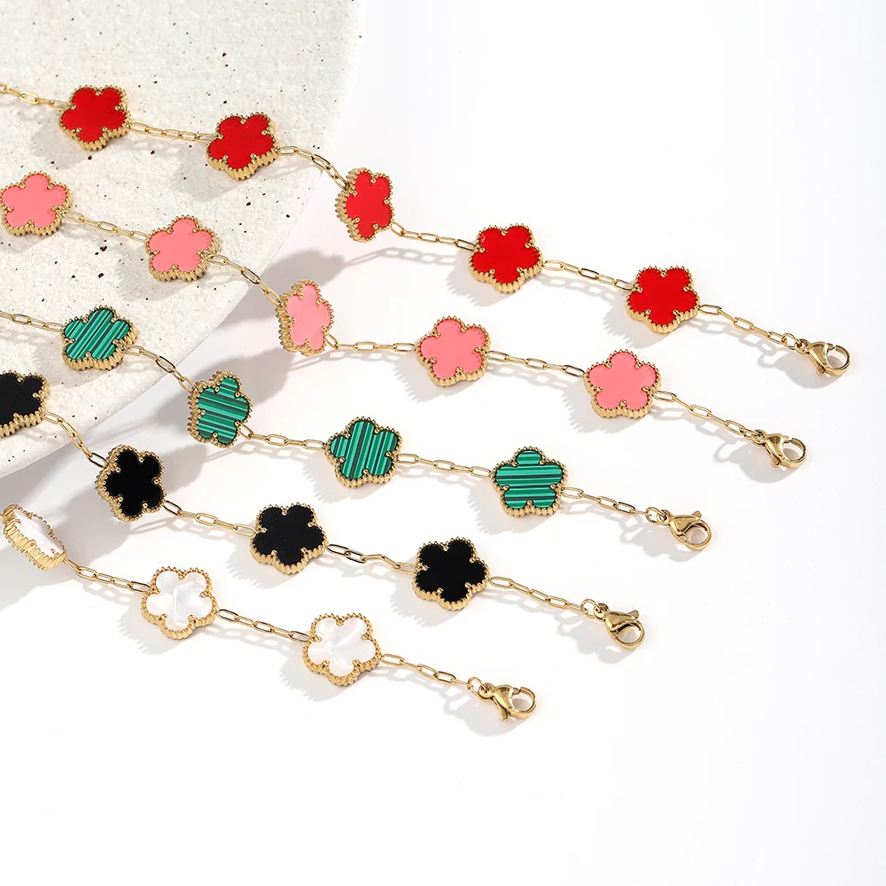 Luxury Five Flowers Charm Bracelet Double Side Shell Bracelets Gold Plated Stainless Steel Fashion Jewelry for Women Party Gift