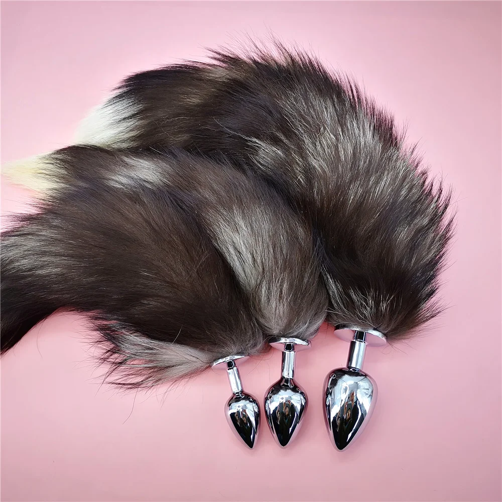 Анальная пробка со съемным натуральным лисьим хвостом металлическая
