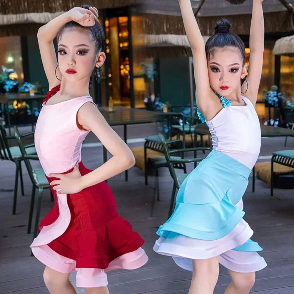 Платье Meisjes Lijn Ruche Balzaal для латинских танцев Wedstembali Meisje Kind Salsa Tango Cha Oefen Top Rok Uitvoering