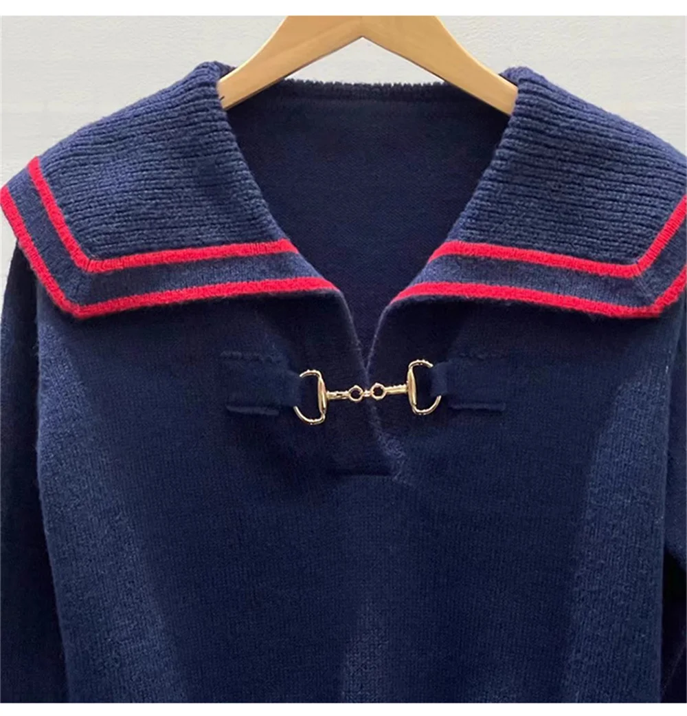 

New 2023 Women's Navy Collar Age Reducing Knit Sweater Autumn and Winter Loose Long Sleeve Warm Sweater