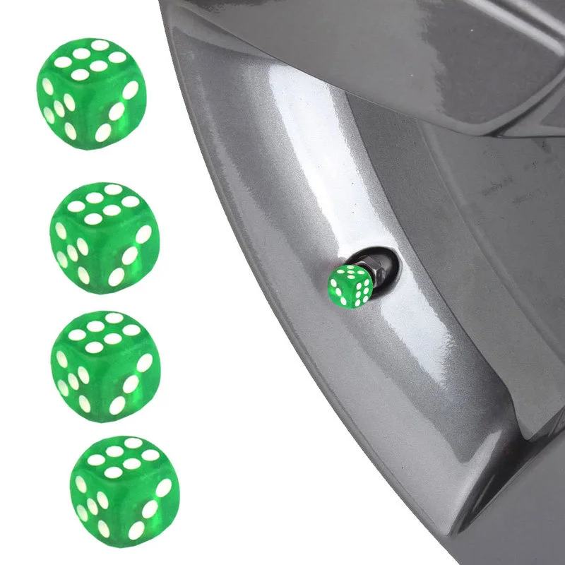 

4pcs Car Tire Valve Stem Caps Dice Styling Auto Motorcycle Tire Valve Caps Dust Protector Clear Green Valve Stem Cover Car Decor