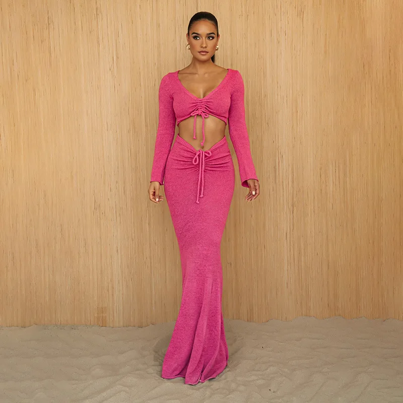 

Aniow 2023 New Autumn Long Sleeve Drawsting Lace Up Crop Top Skinny Long Skirt Two Piece Set Outfits Party Club Matching Set