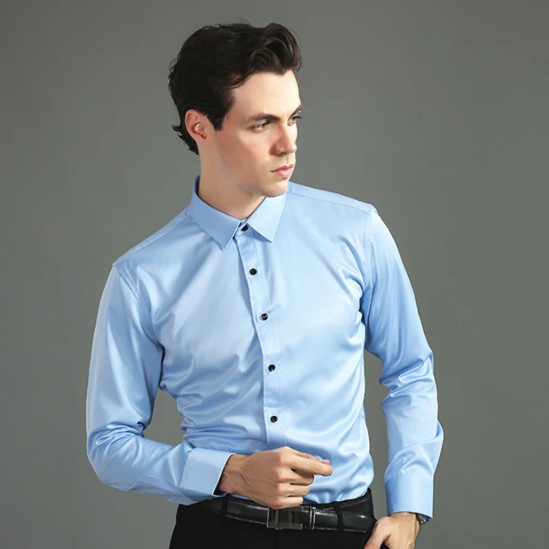 

New Autumn and Winter 2022 Men's elastic solid color cotton long sleeve shirt Slim fitting business wear free silk slip shirt