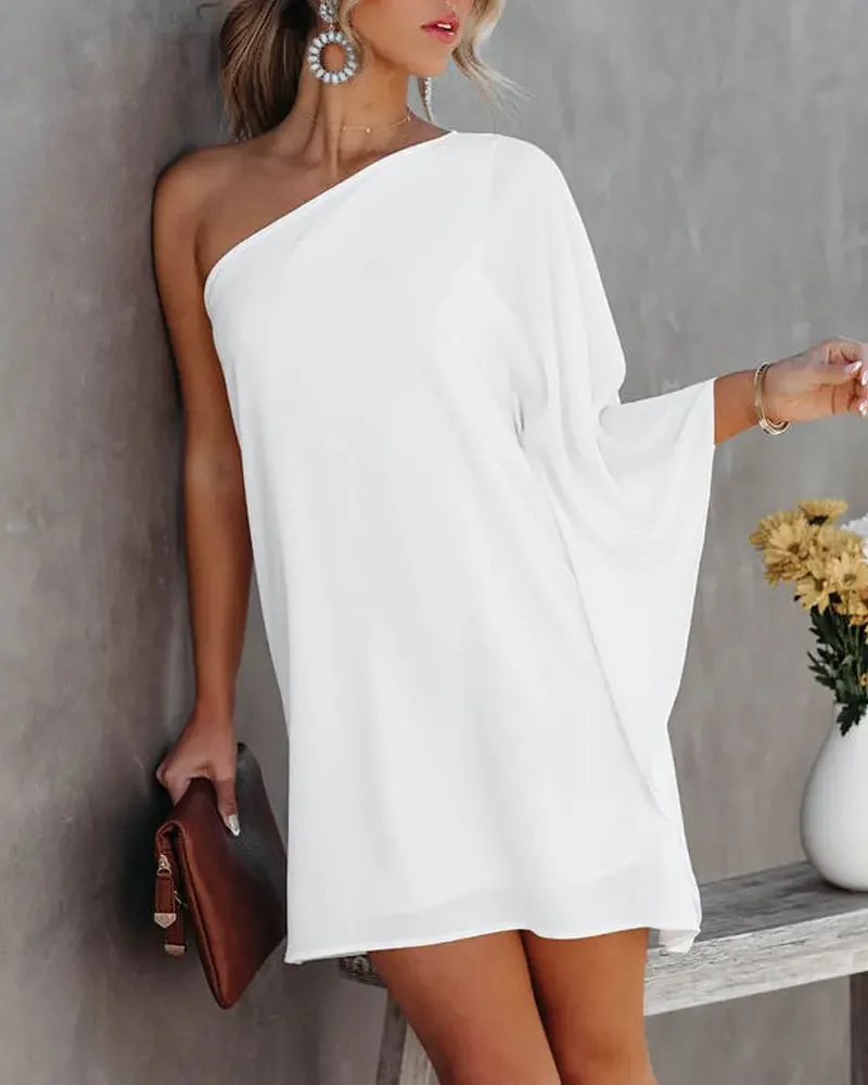 

Elegant Women's Party Dress One Shoulder Chiffon Casual Short Dress Sexy Diagonal Neck Loose Waist Women's Beach Dress
