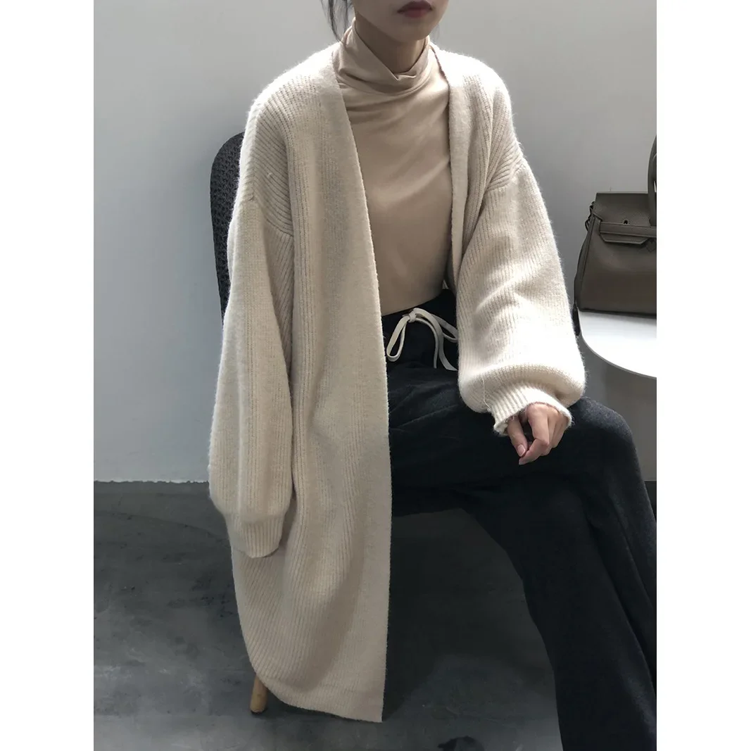 

Women Korean Knitted Full Sleeve Sweaters Long Cardigan V Neck Solid Splice Loose Coats Autumn Winter Casual Open Stitch 2203
