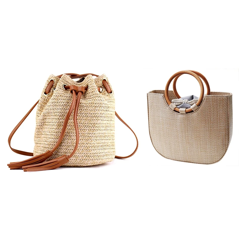 

2 Pcs Shoulder Bag Ladies Fabric Summer Beach Bags With Tassels Weaving Money Bank Knitted Beach Handbag, Brown & Khaki