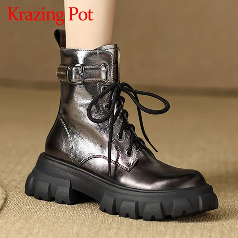 

Ботильоны Krazing Pot из натуральной кожи с круглым носком, на толстом высоком каблуке, с вышивкой, с ремешком и пряжкой, красивые ботильоны для девушек с перекрестной шнуровкой