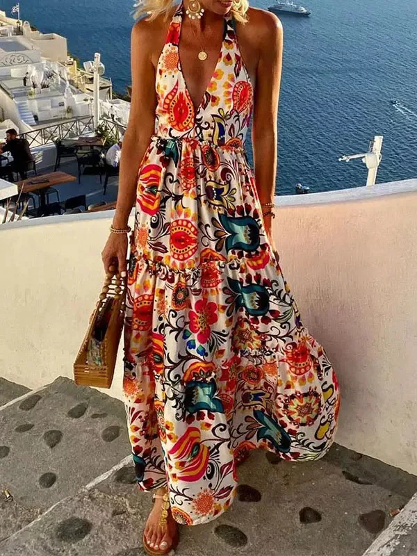 

Women's Sexy V Slim Wrapped Chest Bohemian Long Dress