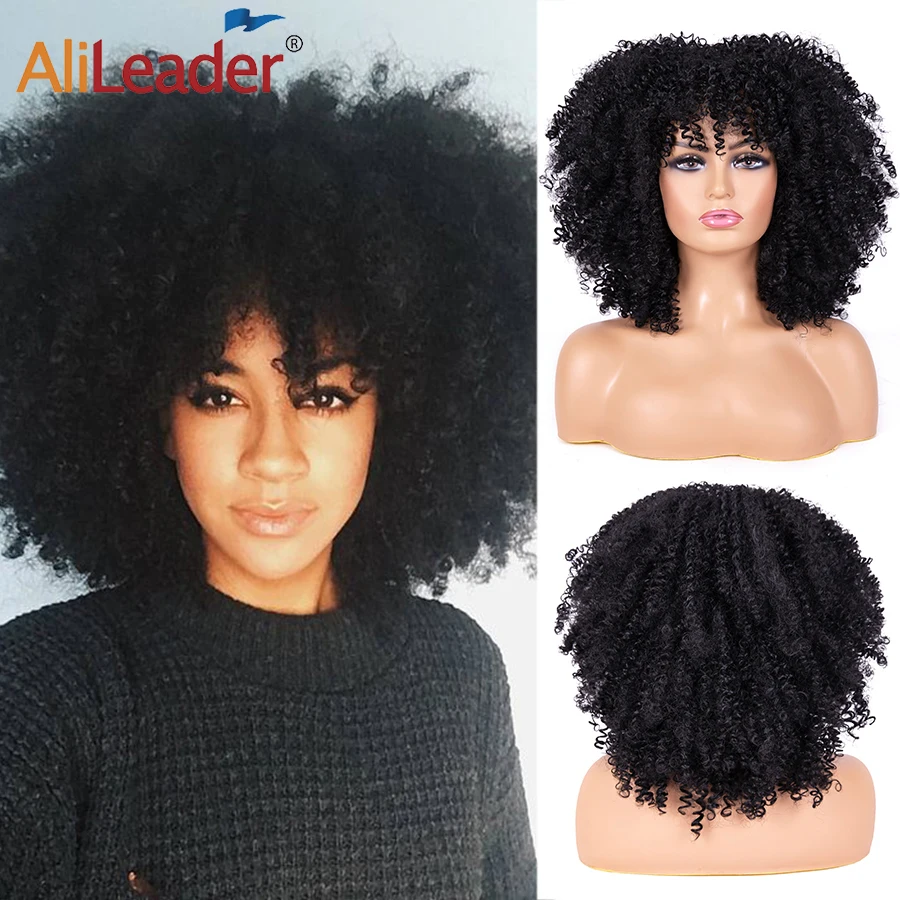 

Afro Bomb Curly Wigs Full Head Kinky Curly Wigs 14" Short Curly Wig With Bangs Synthetic Cheaper Natural Wig For Black Women