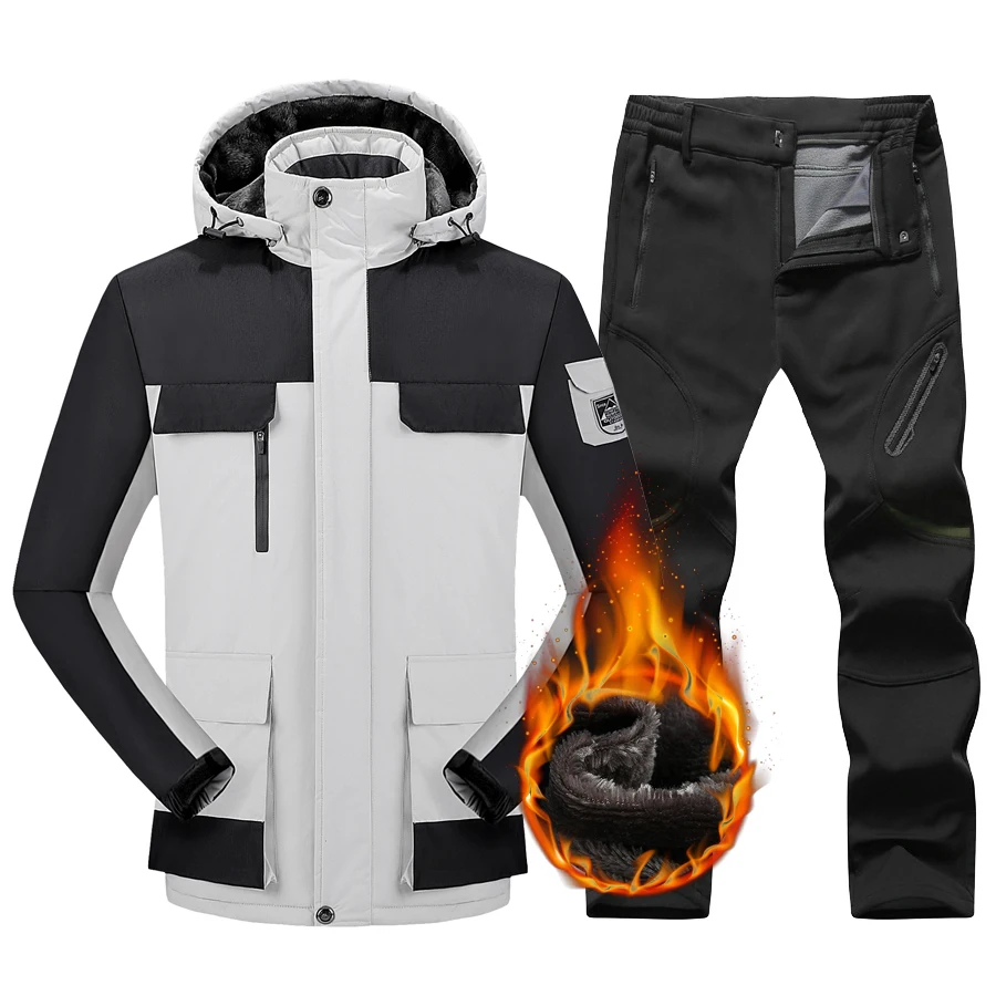 Men Ski Snow Jacket Pants Winter Warm Waterproof Windbreaker Outdoor Snowboarding Skiing Camping Fleece Coat Trousers Ski Suit