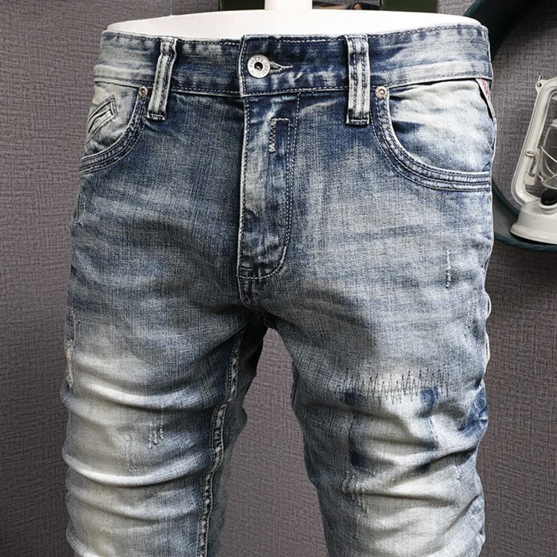 Fashion Designer Men Jeans High Quality Retro Blue Stretch Slim Fit Ripped Jeans Men Trousers Vintage Casual Denim Pants Hombre