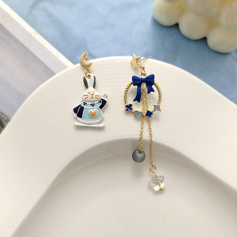 

New Trendy Moon Star Tassel Asymmetric Earrings For Women Cute Animal Cat Rabbit Bowknot Dangle Earrings Girl Party Jewelry Gift