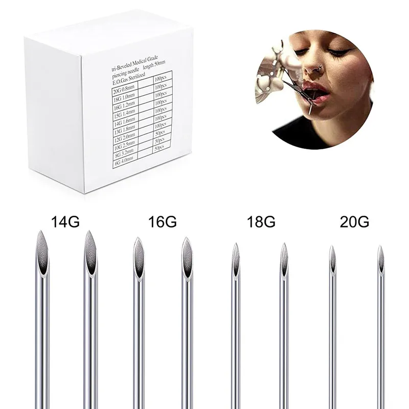 

200Pcs E.O.Gas Sterilized Body Piercing Tattoo Needles Surgical Steel 14G/20G Disposable Ear Nose Lip Nipple Piercing Needles