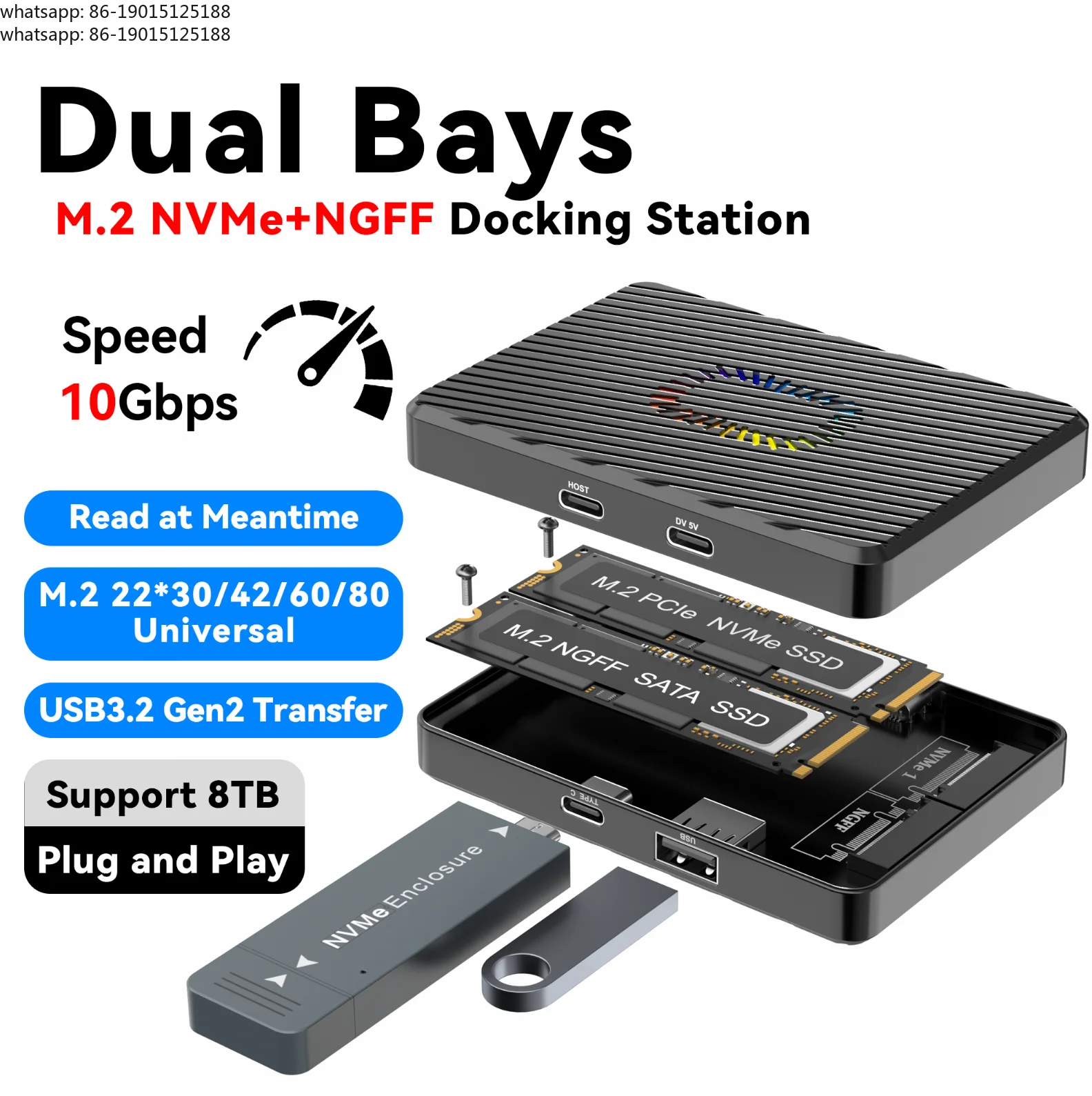 Док-станция 4-в-1 USB3.2 Gen2 10 Гбитс для M.2 NVMe SSD с двумя отсеками, поддержкой передачи данных до 8 ТБ, Plug and Play, для чтения данных (art.: 3920d9bafc276) - 3920d9bafc276