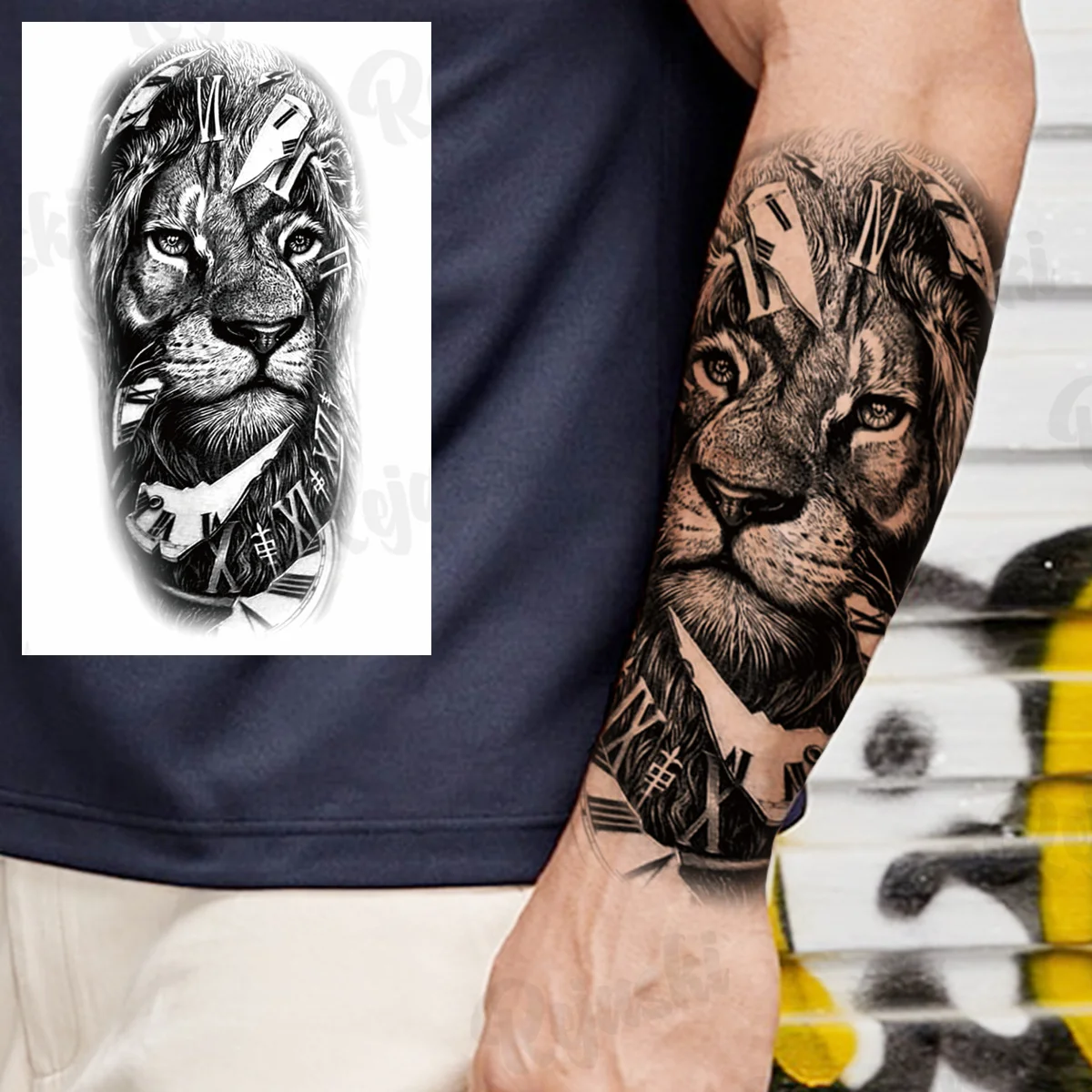 

Черные временные татуировки в виде льва для мужчин, реалистичный компас, Лев, страшный волк, Пираты, одежда, поддельные татуировки, наклейки на руку, тело, татуировки