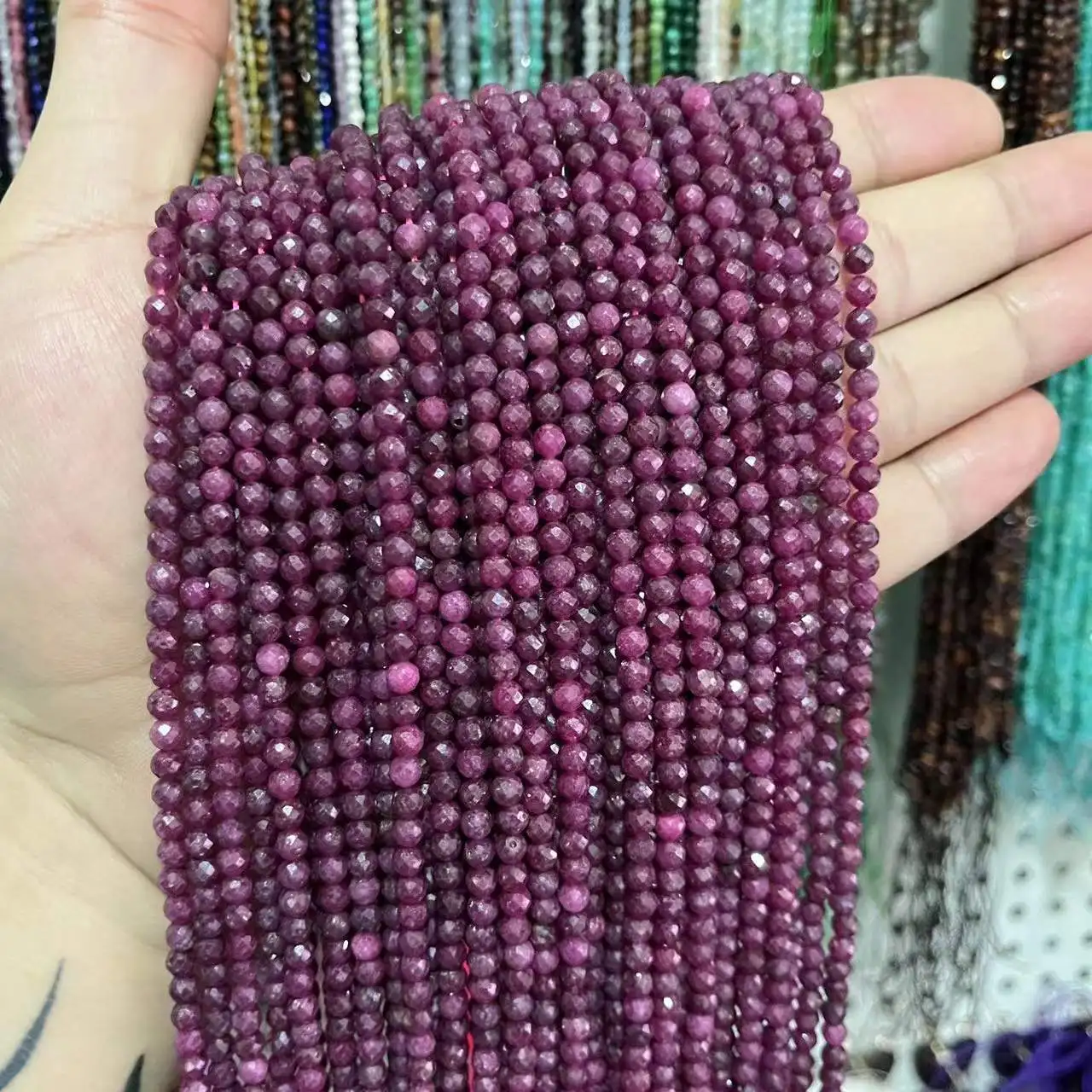 4MM Ruby Faceted Round Natural Stone Loose Spacer Beads For Jewelry Making DIY Bracelet Necklace 15” Wholesale