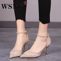 summer fashion womens black mesh high heels 2022 pointed toe shiny stiletto sandals sexy ankle strap ladies party sandals