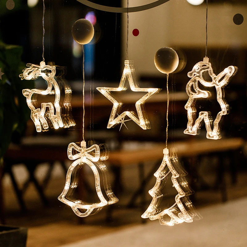 

New Led Santa Claus Bell Sucker Lights Holiday Window Stickers Hanging Lights Decorative Pentagram Flashing Lights Christmas