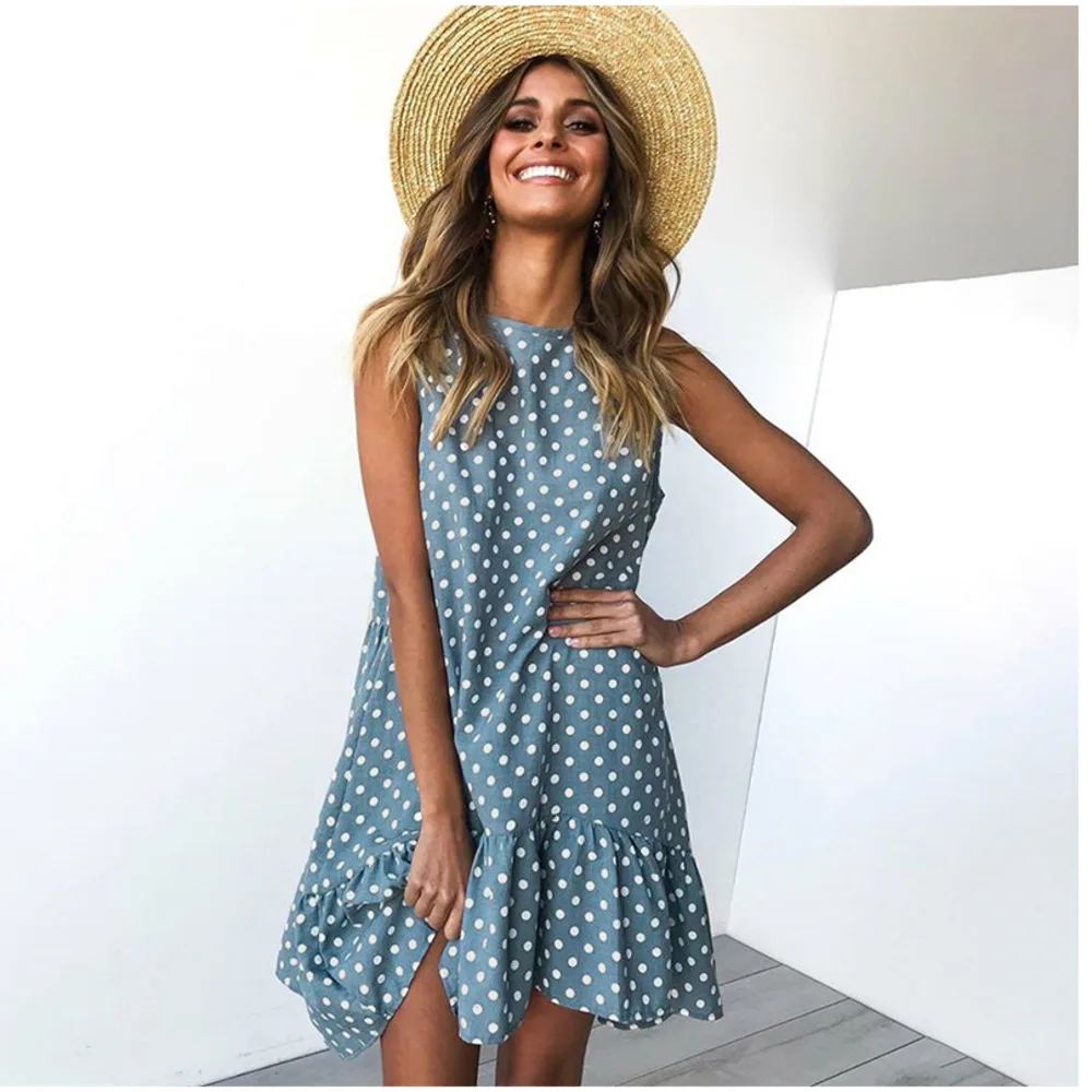 

2023 Crew neck sleeveless polka dot loose hem ruffle dress