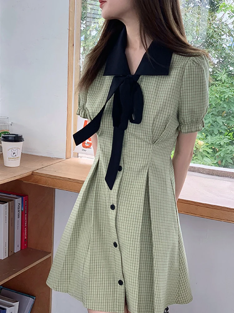 Летние платья для женщин 2022 года, сладкий зеленый клетчатый узелок с завязками, короткие рукава, мини-платье в стиле преппи с А-образным силуэтом.