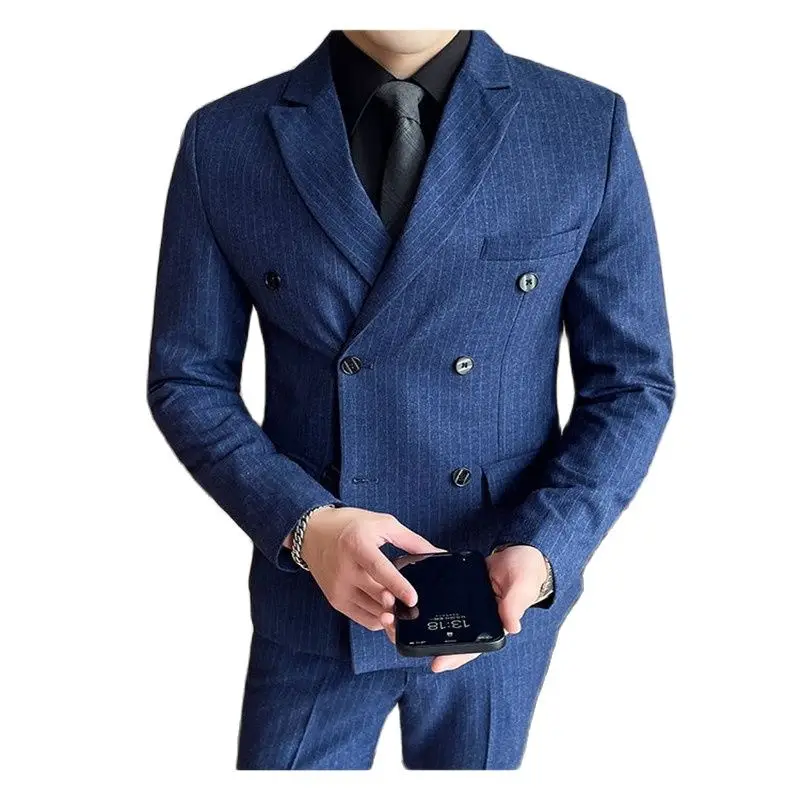

Large size (suit + vest + trousers) men's striped double-breasted British gentleman fashion business three-piece suit