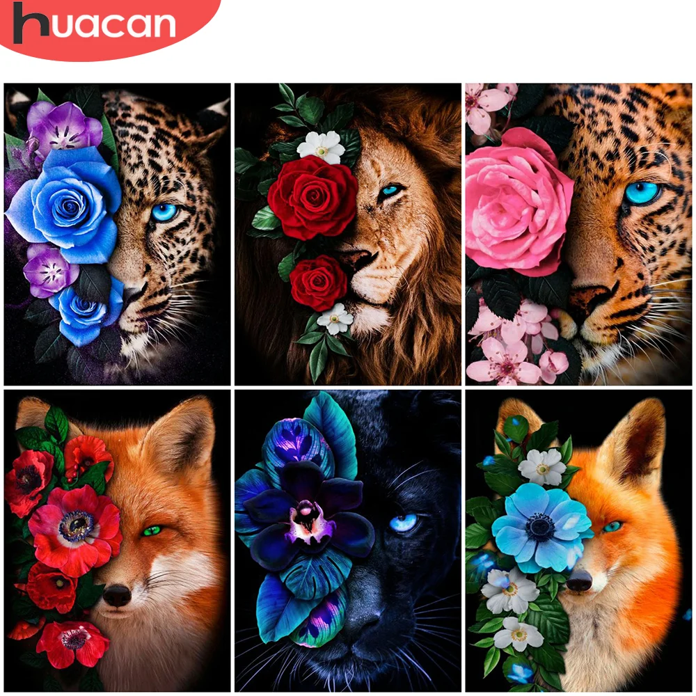 

Алмазная живопись с леопардом HUACAN, 5D мозаика «сделай сам» с изображением Льва, полная вышивка, набор для украшения дома с розами