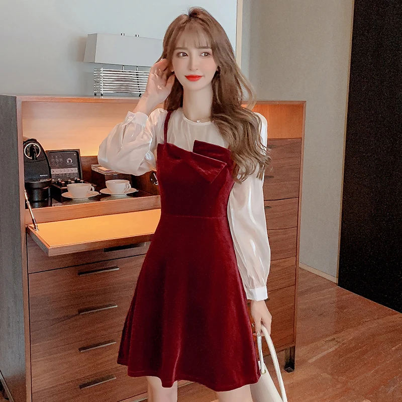 

Korean Style Dresses For Women Elegant O-neck Fake Two Pieces Long Sleeve Patchwork Temperament Slim Party Dress Autumn 2023 New