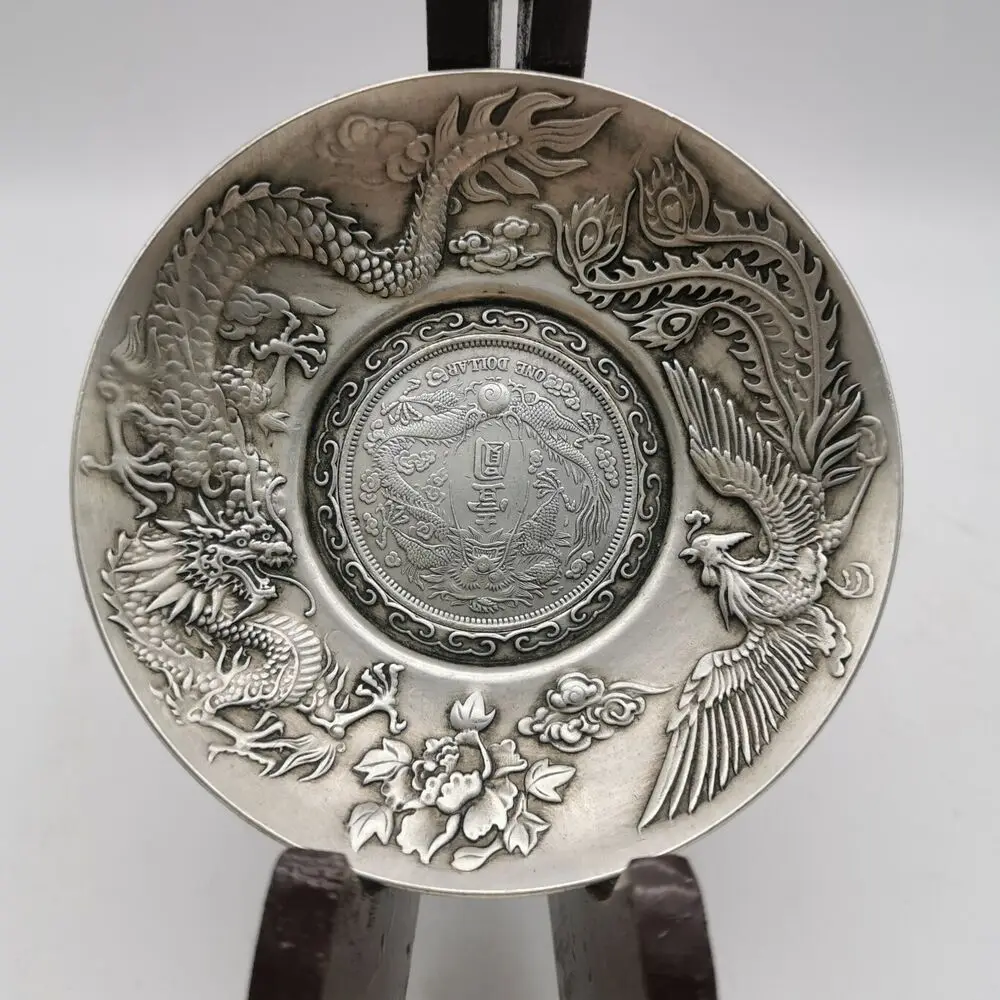 

9.8Cm Collect Chinese Paktong Animal Dragon Phoenix Auspicious Lucky Plate 253G