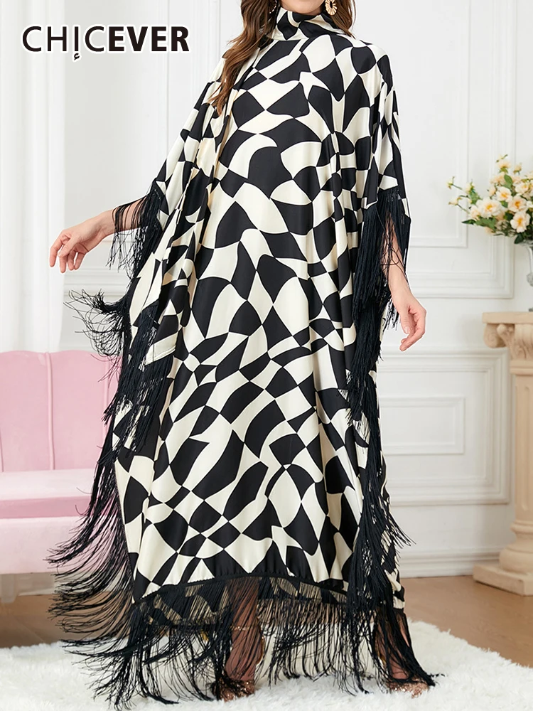 

CHICEVER Colorblock Loose Dresses For Women Turtleneck Batwing Sleeve High Waist Patchwork Tassel Fashion Dress Female Spring