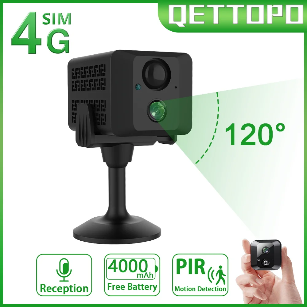 Qettopo 4K 8MP 4G Mini Camera PIR Motion Detection Built-in 4000mAh Battery WIFI Security Surveillance Camera IR Night Vision
