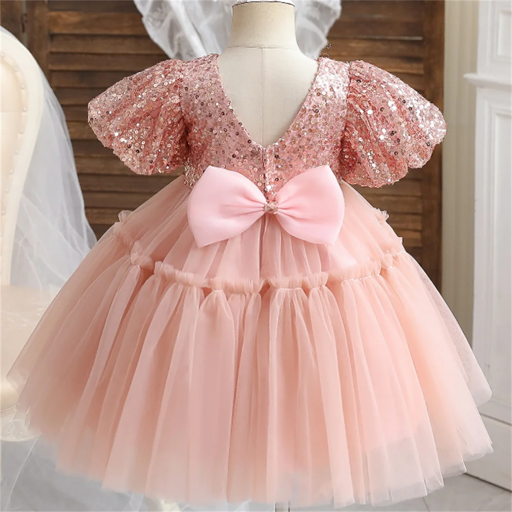 

Платье принцессы для девочек с блестками, кружевная сетчатая пачка, элегантная Свадебная детская одежда, детское платье для крещения с бантом