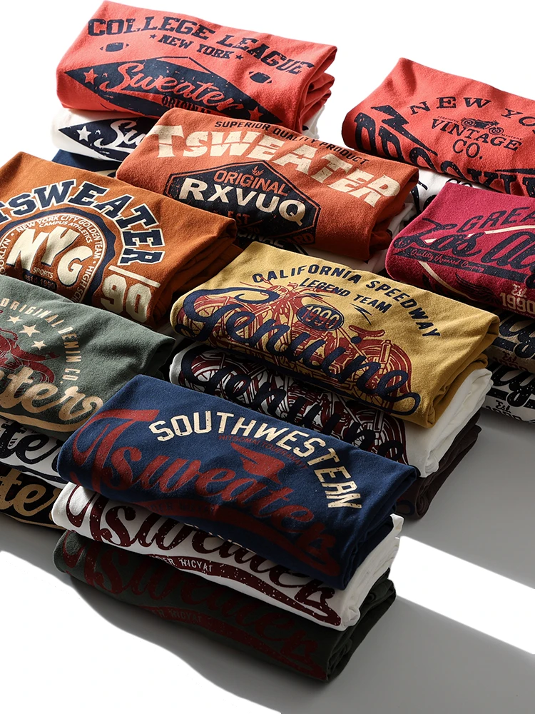 220 Pure Cotton Fabric! Washed Sanding! Foreign Trade Men's Clothing Autumn Casual Print round Neck Bottoming Long sleeve T-s...